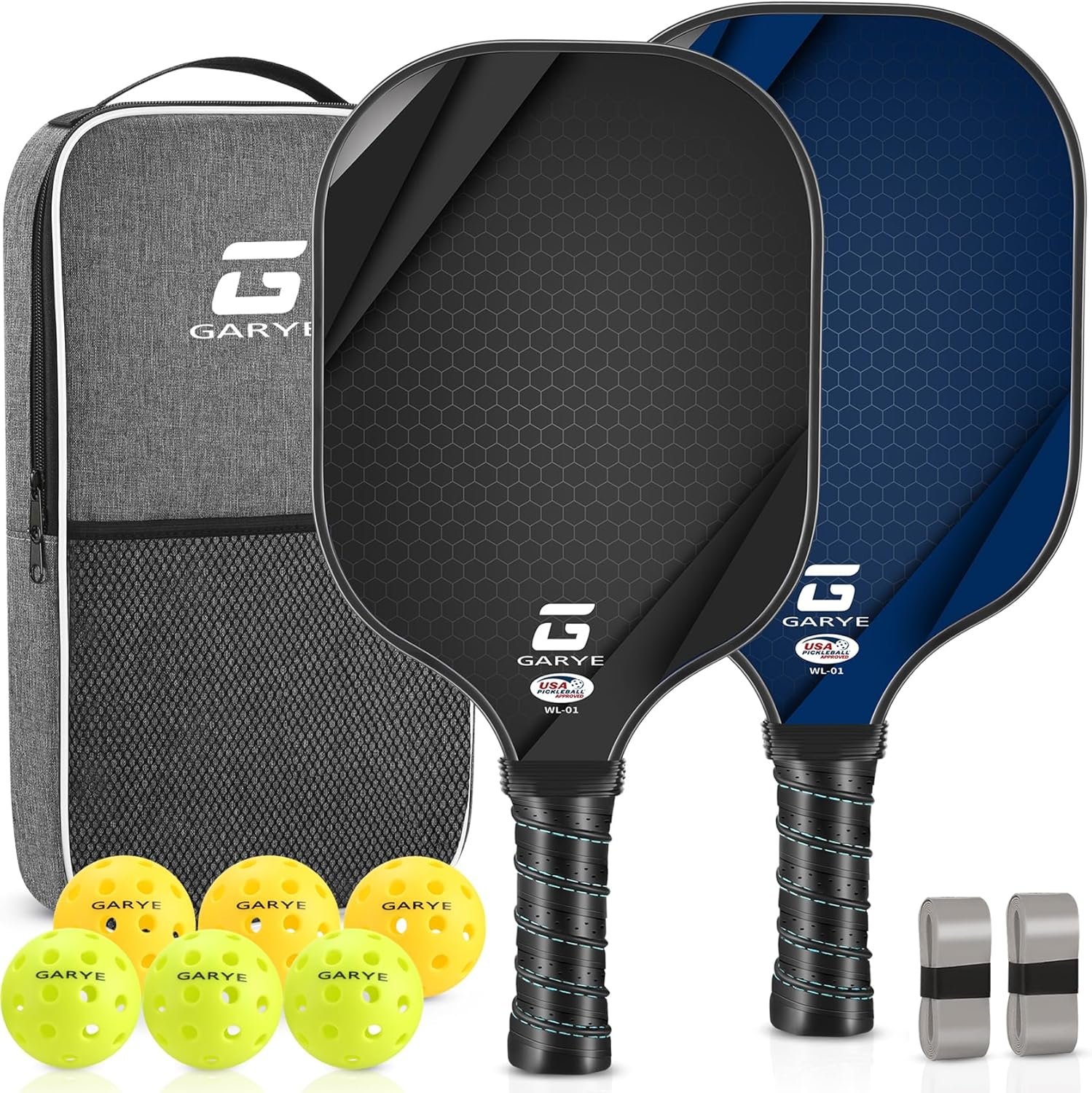 GARYE Pickleball Paddles Set of 2, USAPA Approved Carbon Fiber Pickleball Set, Lightweight Pickle Ball Rackets 2 Pack with 6 Balls, 1 Bag, Pair of Grip Tapes, Pickle Ball Paddle for Men and Women